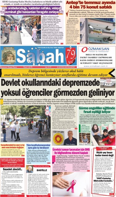 18 Ağustos 2025 Gaziantep Sabah Gazetesi