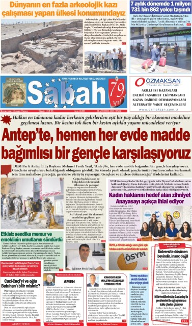 22 Ağustos 2025 Gaziantep Sabah Gazetesi