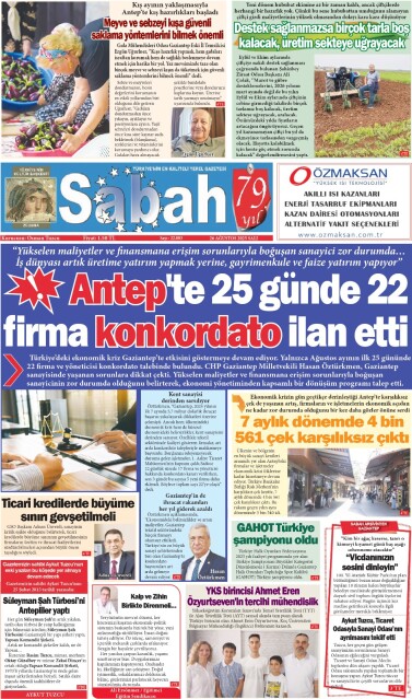 26 Ağustos 2025 Gaziantep Sabah Gazetesi