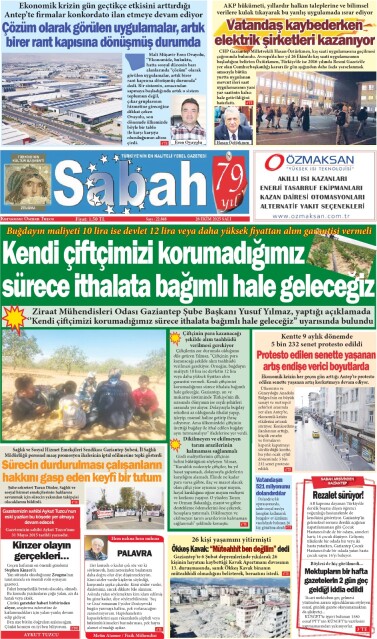 28 Ekim 2025 Gaziantep Sabah Gazetesi