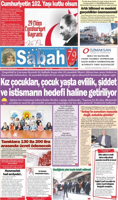 29 Ekim 2025 Gaziantep Sabah Gazetesi