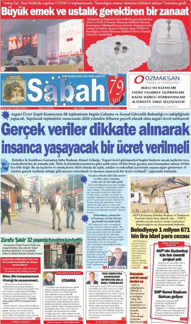 12 Aralık 2025 Gaziantep Sabah Gazetesi