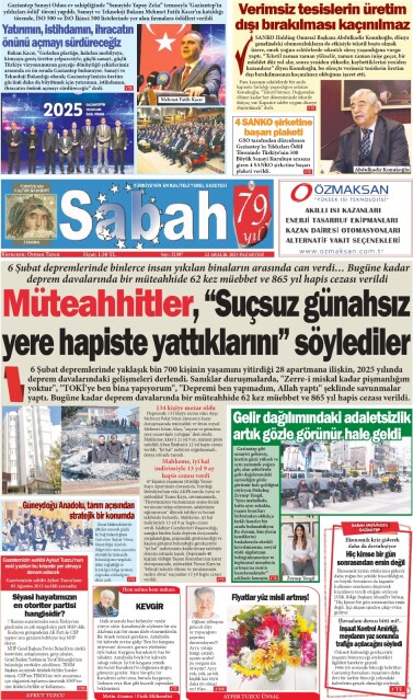 22 Aralık 2025 Gaziantep Sabah Gazetesi