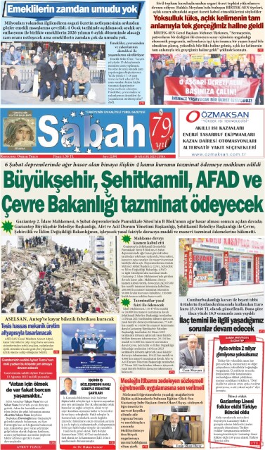 26 Aralık 2025 Gaziantep Sabah Gazetesi