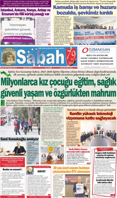 16 Ocak 2026 Gaziantep Sabah Gazetesi