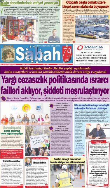 20 Ocak 2026 Gaziantep Sabah Gazetesi