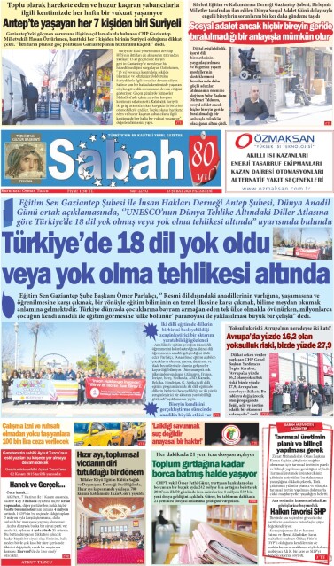 23 Şubat 2026 Gaziantep Sabah Gazetesi