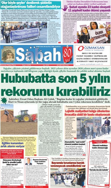 06 Mart 2026 Gaziantep Sabah Gazetesi
