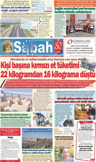 16 Mart 2026 Gaziantep Sabah Gazetesi