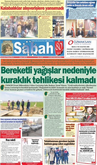 18 Mart 2026 Gaziantep Sabah Gazetesi