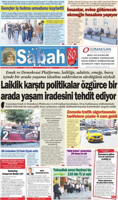 03 Temmuz 2026 Gaziantep Sabah Gazetesi