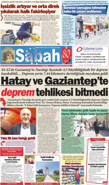 10 Ağustos 2026 Gaziantep Sabah Gazetesi