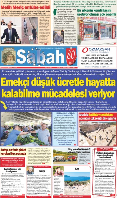 24 Ağustos 2026 Gaziantep Sabah Gazetesi