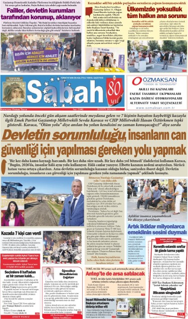 29 Eylül 2026 Gaziantep Sabah Gazetesi