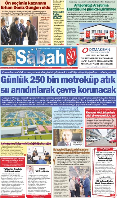 20 Ekim 2026 Gaziantep Sabah Gazetesi