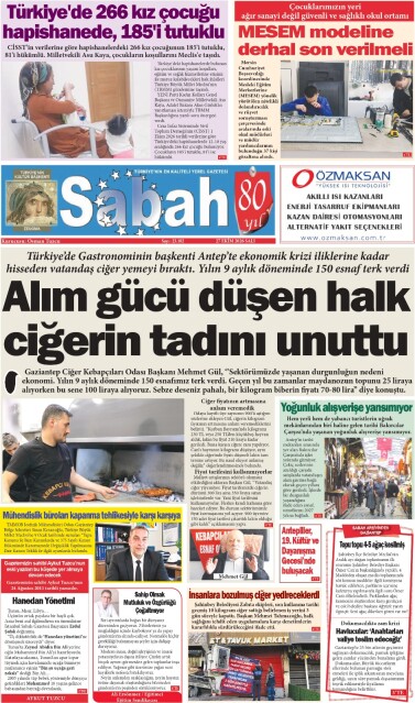 27 Ekim 2026 Gaziantep Sabah Gazetesi