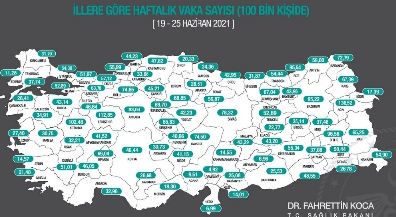 100 bin kişide en çok vaka Ağrı'da