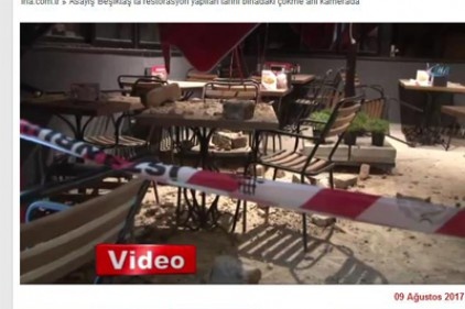 Beşiktaş&#8217;ta restorasyon yapılan tarihi binadaki çökme anı kamerada