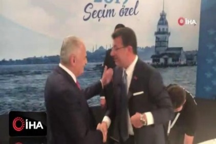Binali Yıldırım ve Ekrem İmamoğlu&#039;nun ortak yayın öncesi ilk karşılaşma anı