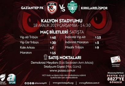 Gaziantep- Kırklarelispor maçı biletleri satışta