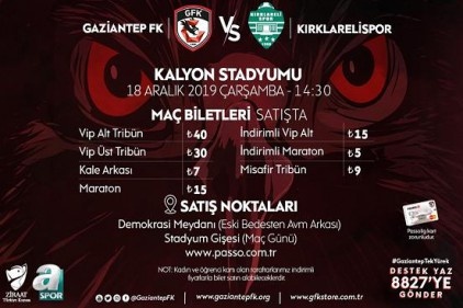 Gaziantep- Kırklarelispor maçı biletleri satışta