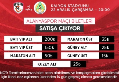 Gaziantep FK, Aytemiz Alanyaspor maçının biletleri satışta