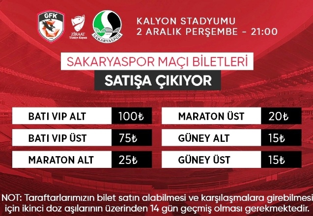 Gaziantep FK, Sakaryaspor maçının biletleri satışa çıktı