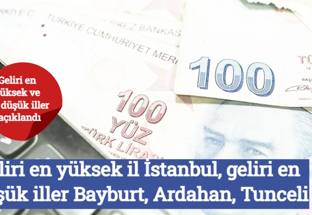 Geliri en yüksek il İstanbul, geliri en düşük iller Bayburt, Ardahan, Tunceli