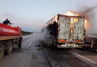 Halı yüklü TIR alev alev yandı