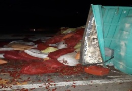 Kamyonun kasasındaki tonlarca biber yola saçıldı 