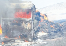 Seyir halindeki sap yüklü TIR yandı