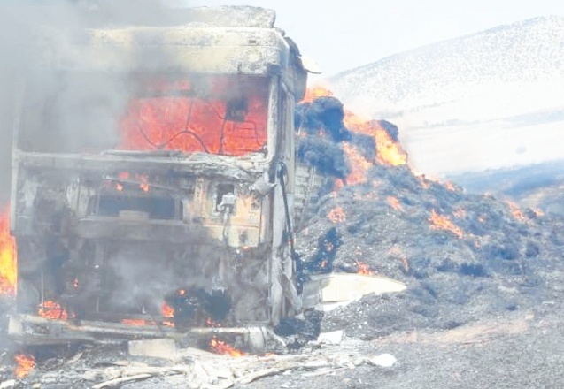 Seyir halindeki sap yüklü TIR yandı